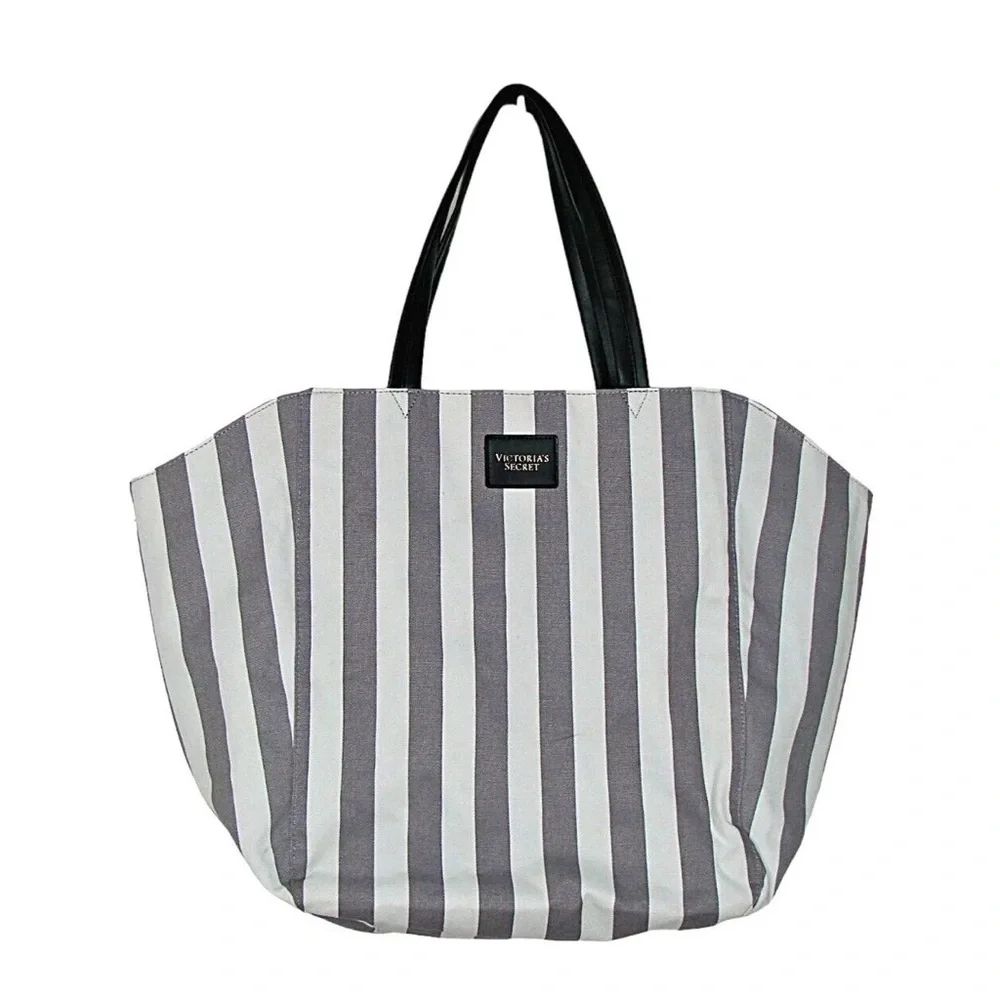 Victorias Secret Striped Canvas Tote Bag Gray White Beach Travel